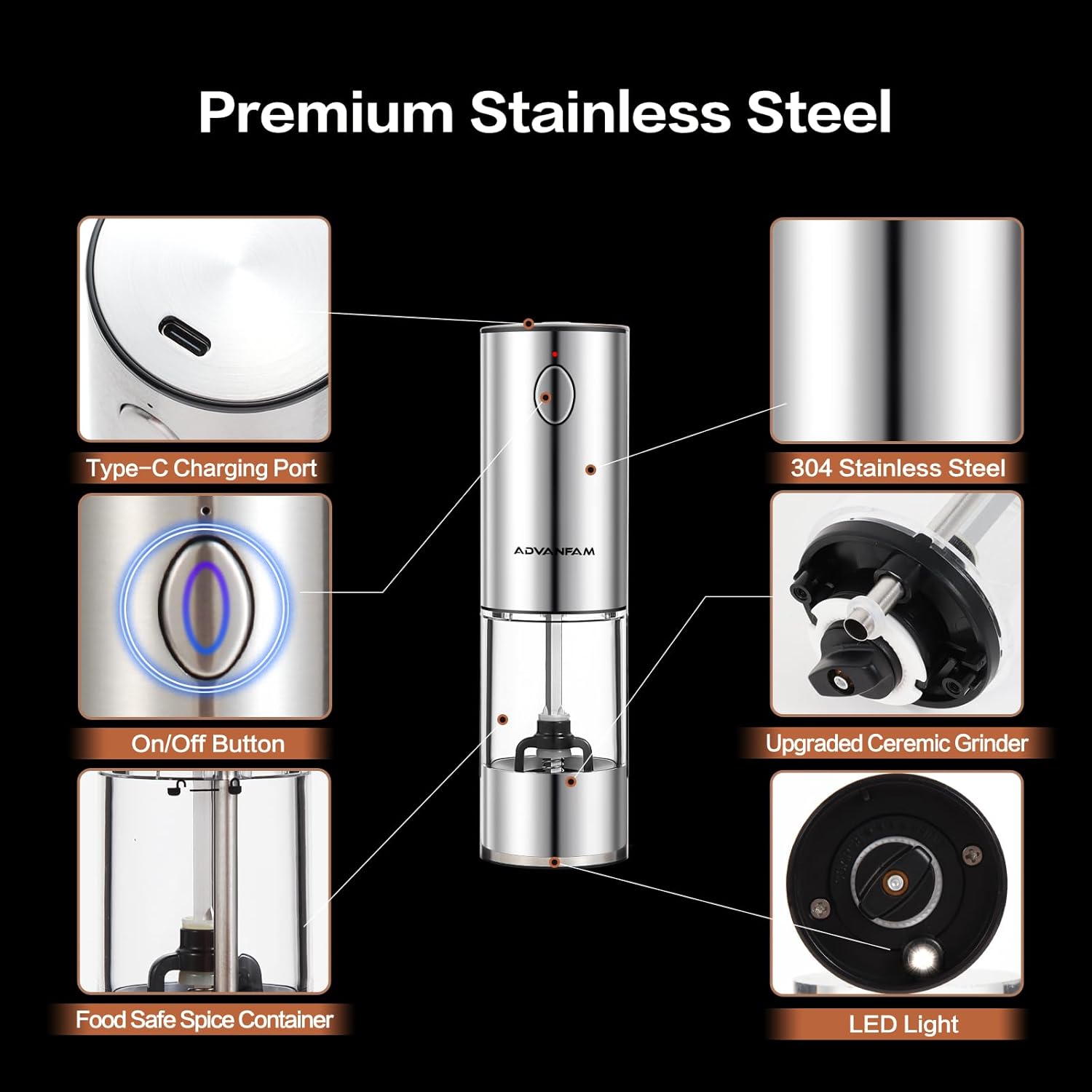 Upgraded Larger Capacity Electric Salt Pepper Grinder Stainless Steel Pepper Grinder with LED Light, Rechargeable Automatic Salt or Pepper Mill Features Adjustable Coarseness